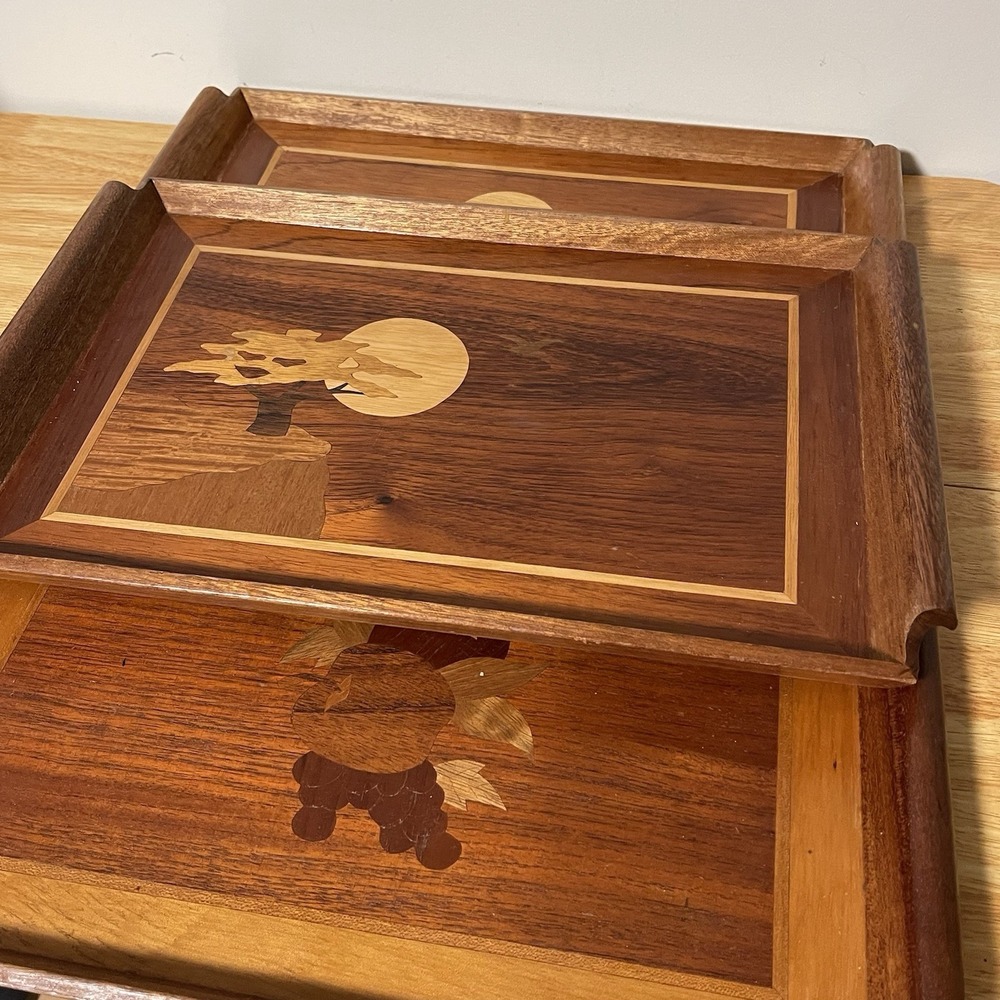 Vintage Lot Of 3 MCM Wood Marquetry Tray Inlaid Serving Platter Danish Mod